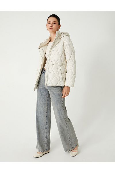 Koton Quilted Hooded Coat Hip Length Pocket Zippered Elastic Waist