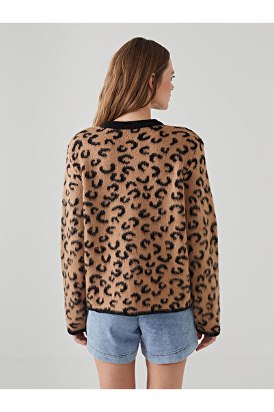 LC Waikiki Brown Crew Neck Leopard Print Women's Knitwear Cardigan