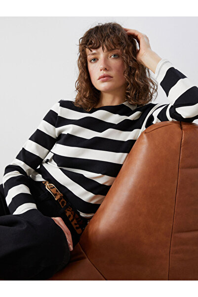 LC Waikiki Black Crew Neck Striped Women's T-Shirt