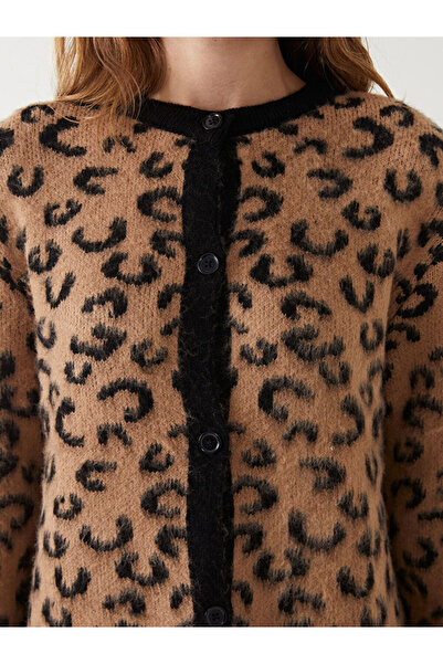 LC Waikiki Brown Crew Neck Leopard Print Women's Knitwear Cardigan