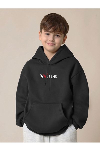 PENTHİLUS Black Sweatshirt with White Hood - W Jeans Front Print, Oversize