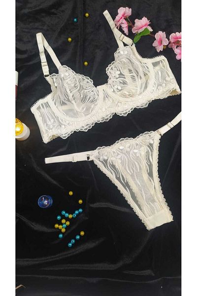 COLOR DE PIEL Women's Ecru Flower Patterned Stylish Bra Suit