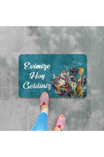 M&H Quality Welcome Written Digital Printed Flower Pattern Hooded Non-slip Mat - Washable for Inside and Outside