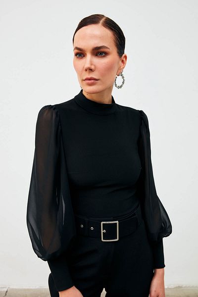 Sateen Bluză cu mâneci din șifon cu guler vertical - neagră
