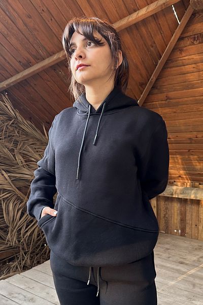 OXVİN Women's Oversize Puff Soft Hooded Sweatshirt - Cut Out Pocket, 3 Thread, Fleece Inside Surface