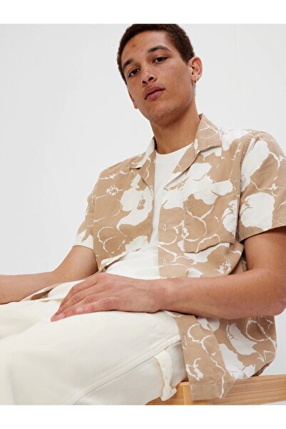 GAP Erkek Açık Kahverengi Keten Karışımlı Kısa Kollu Gömlek