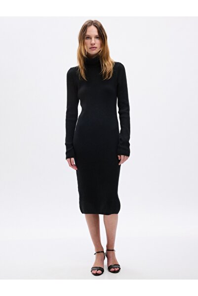 GAP Kadın Siyah Balıkçı Yaka Fitilli Midi Triko Elbise