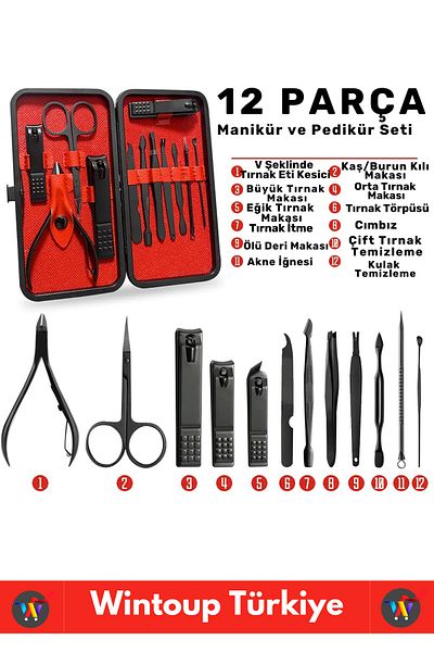 Wintoup Premium High Quality Steel Hand Face Foot Care 12 Pieces Manicure Pedicure Set with Bag