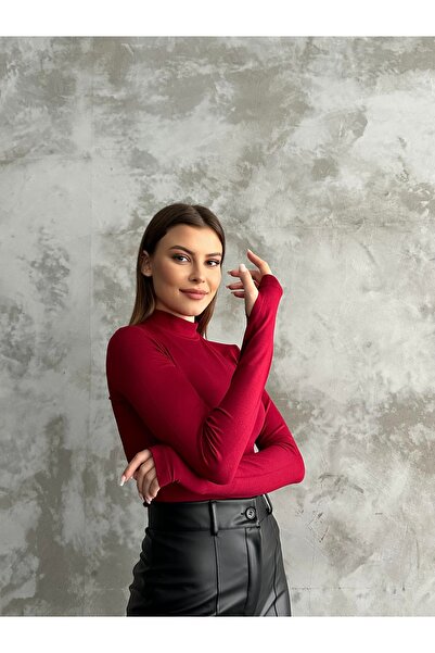 modazoom Kadın Bordo Parmak Detaylı Body