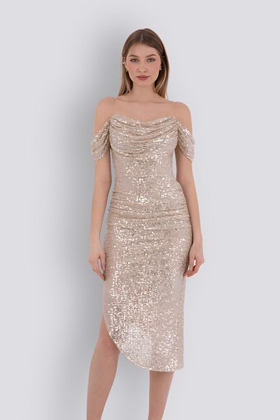 HOX'S Gisele Beige Midi βραδινό φόρεμα - παγιέτες, γιακάς Carmen, ασύμμετρη φούστα