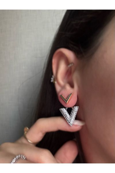 MioArt Women's V-Cut Earrings with Stone Detail - Trend Model