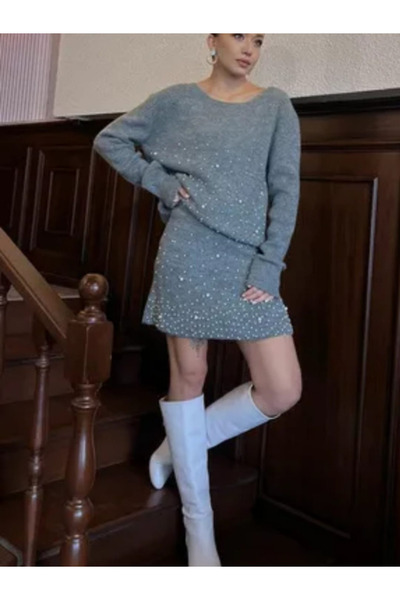 Genel Markalar İnci Detaylı Kadın Triko Kazak Mini Etek İkili Takım