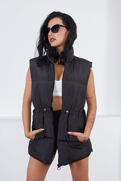 moda armanc Women's Black Puffer Vest with Elastic Waist