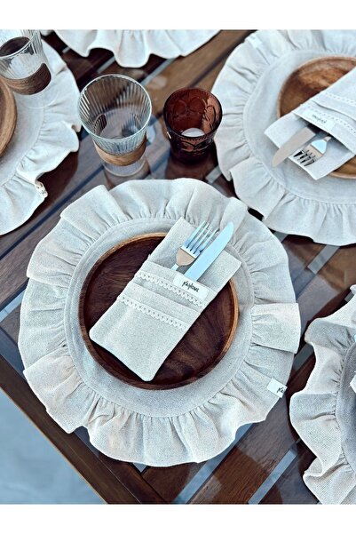 KaiHome 6lı Ham Keten Dantel Detaylı  2Bölmeli Kaşıklık / Peçetelik