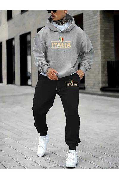 puolikuu Italy Printed Oversize Hooded Tracksuit Set - Sweatshirt and Jogger