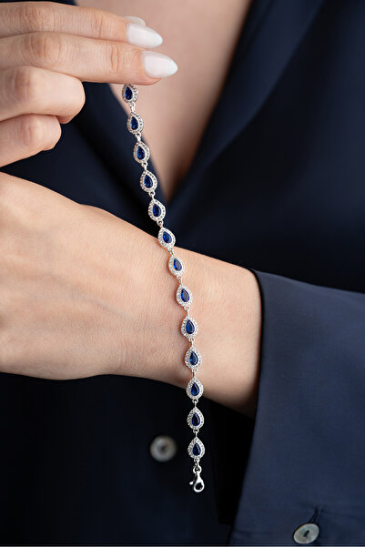 Silvano Jewelry 925 Ayar Gümüş Su Yolu Damla Safir Taşlı Bileklik