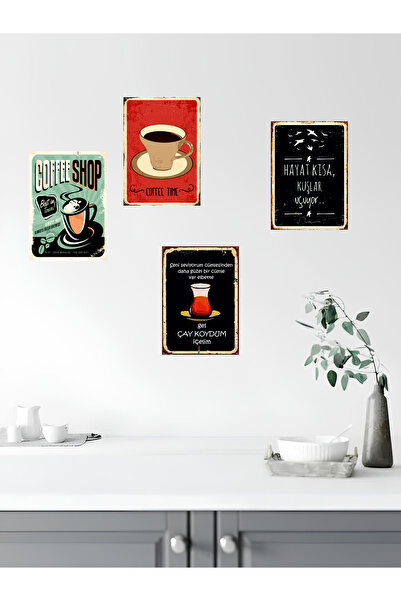 NED MDF LAZER DEKARASYON Mutfak, Çay, Kahve Retro Ahşap Poster Tablo Seti 4 l...