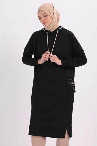 ALLDAY Black-Pocket Embroidered Hooded Sweat Tunic