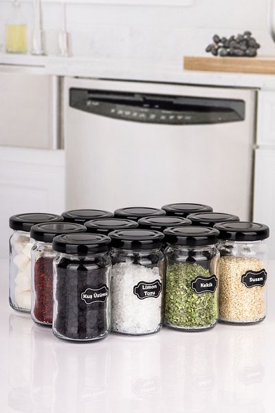 Lizzy 12-Piece Black Metal Lid 105 ml Leak-Proof Glass Jar Mini Spice Bowl with 85 Labels as a Gift