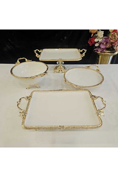MaviDamla 4 PARÇA DÖKÜM KENAR ÇERCEVELİ AYAKLI PORSELEN SUNUM SETİ GOLD