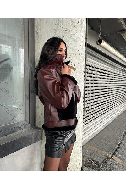 Ekim Store Jachetă din piele cu buzunar dublu de pluș