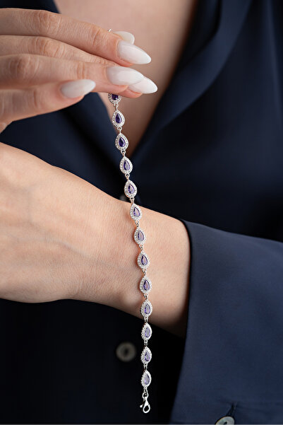 Silvano Jewelry 925 Ayar Gümüş Su Yolu Damla Ametist Taşlı Bileklik