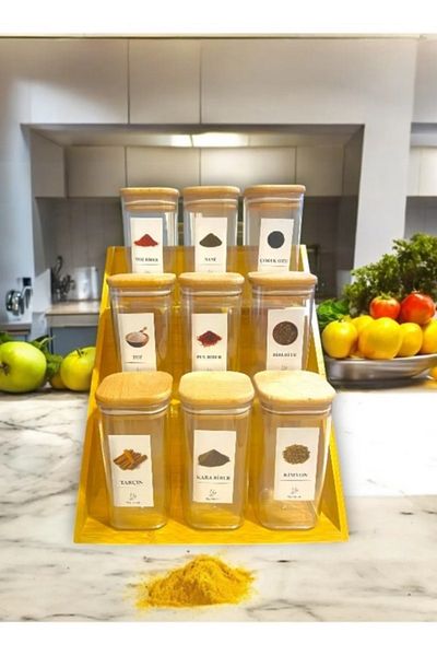 ŞAKİLATA CONCEPT Set of 9 Bamboo Stands with Labels - 300 ml Mica Spice Rack Storage Container