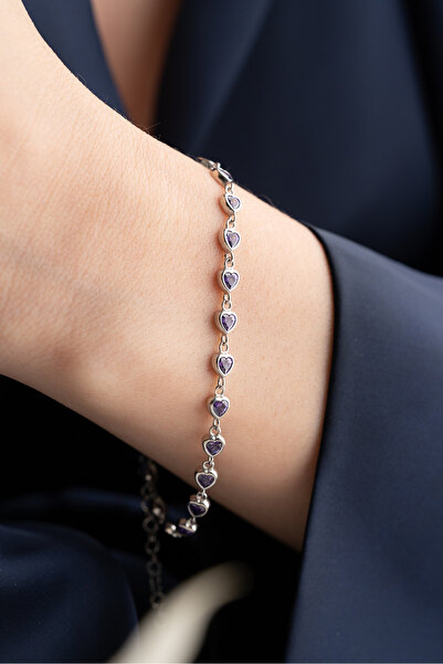 Silvano Jewelry 925 Ayar Gümüş Kalpli Mor Su Yolu Bileklik