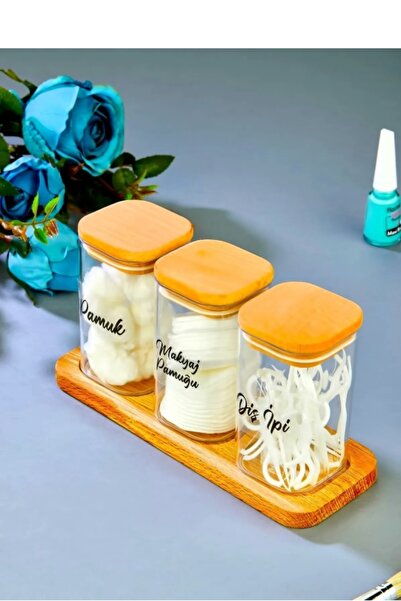 ŞAKİLATA CONCEPT 3'lü Ahşap Standlı Akrilik Diş Ipi & Makyaj Pamuğu & Pamuklu...