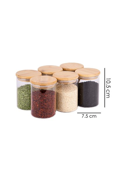 naturelove 6 Pieces Clear Label Vacuum Bamboo Lid Borosilicate Glass Spice Rack 350ml
