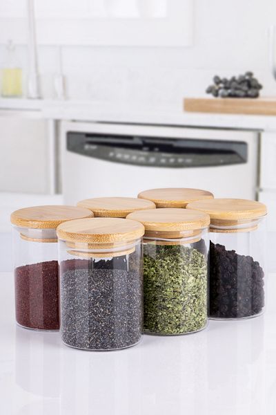naturelove 6 Pieces Clear Label Vacuum Bamboo Lid Borosilicate Glass Spice Rack 200ml