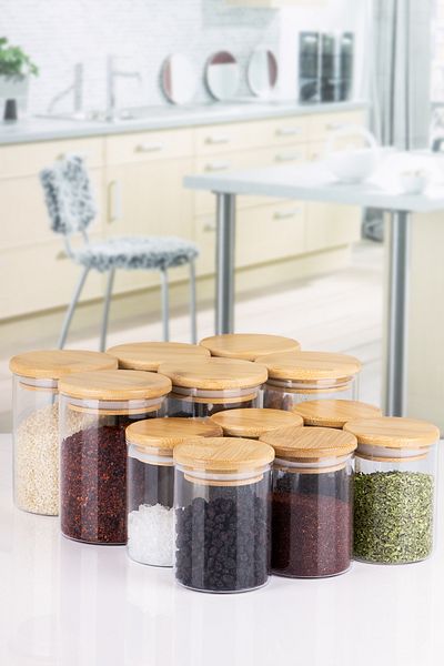 naturelove 12-Piece 2-Size Spice Rack with Clear Label Vacuum Bamboo Lid Borosilicate Glass 6X350 ml 6X200 ml