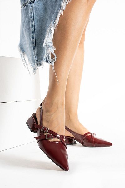 Pazzyonez Women's Burgundy Patent Leather Open Back Short Block Classic Heeled Shoes