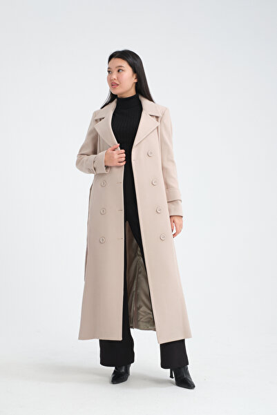 Soydan Güner Kruvaze Kuşaklı Dökümlü Uzun Manto Bej 6630