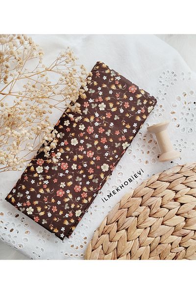 ilmekhobievi Tulip Pattern Poplin Fabric - Brown Background 100% Cotton 50X170Cm