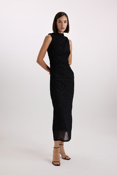 DeFacto Christmas Themed Fitted Embroidered Velvet Sleeveless Maxi Dress D9885Ax24Au