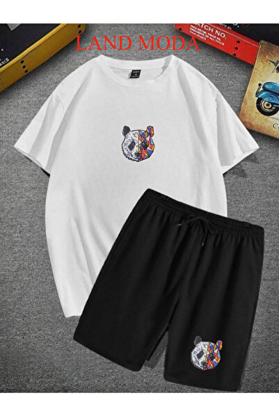 LAND MODA Printed White T-Shirt & Black Shorts Set