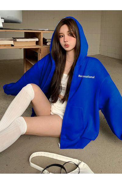modaberry Cardigan gros Recreational - Cardigan oversize de iarnă cu imprimeu albastru sax cu glugă și buzunare cu fermoar