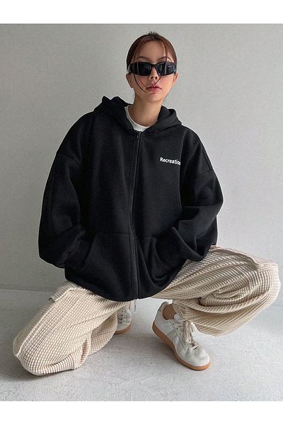 modaberry Cardigan gros Recreational din 2 piese - Cardigan supradimensionat de iarnă cu glugă și buzunare cu fermoar cu imprimeu negru și albastru