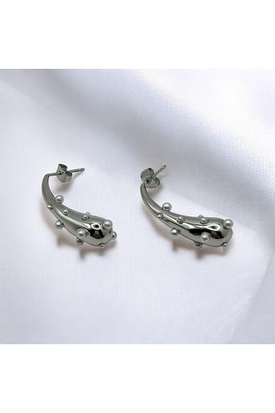 Swan Jewelry Steel Thin Drop Pearl Detailed Silver Color Earrings