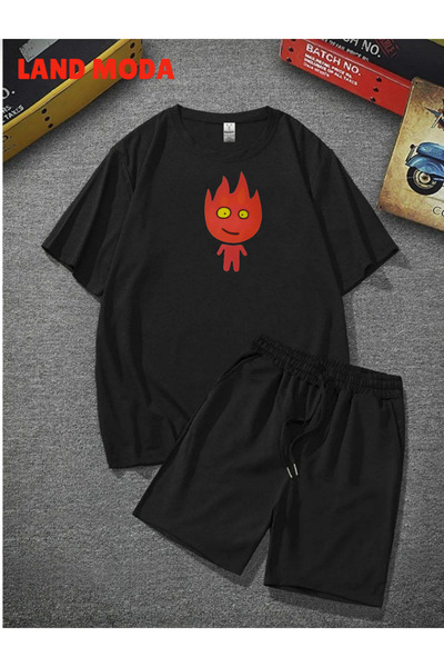 LAND MODA Printed Black T-Shirt and Shorts Set