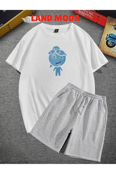 LAND MODA Σετ με εμπριμέ λευκό μπλουζάκι και γκρι σορτς