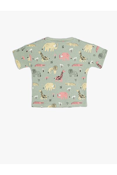 Koton T-Shirt Short Sleeve Animal Printed Crew Neck Textured Cotton