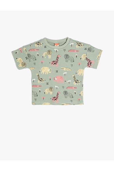 Koton T-Shirt Short Sleeve Animal Printed Crew Neck Textured Cotton