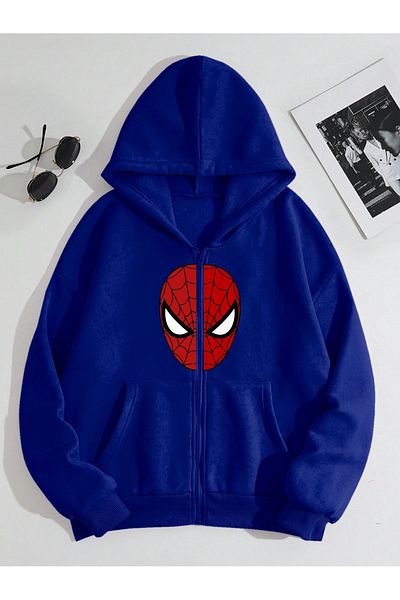 modaberry Sax Blue Print - Cardigan gros Spiderman, glugă supradimensionată, cardigan de iarnă cu buzunare cu fermoar
