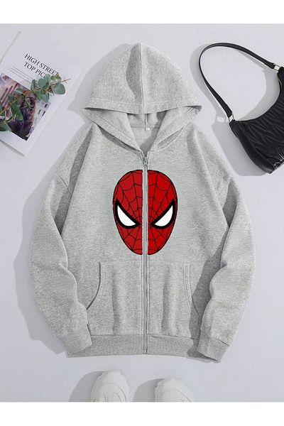 modaberry Spiderman Thick Cardigan - Gray Printed Winter Oversize Hooded Zippered Pocket Cardigan