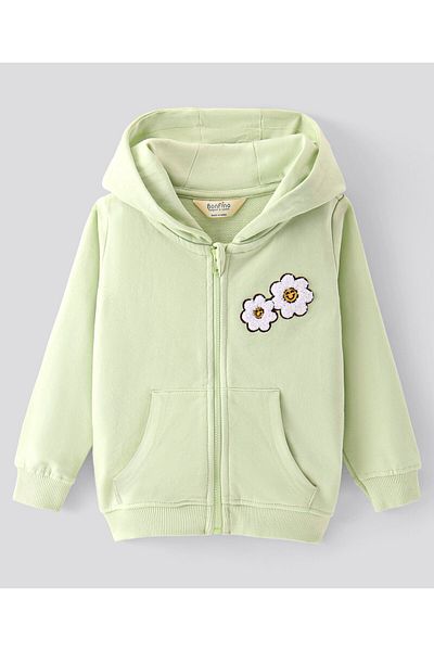 Bonfino 100% Floral Placement Print & Patch Cotton Full Sleeves Hoodie  - Green