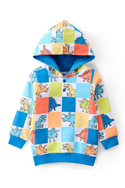 Babyhug Cotton Knit Full Sleeves Hooded T-Shirt & Lounge Pants Set With Dino Print - Multicolor
