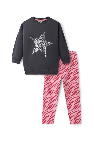 Primo Gino - Girls Cotton Full Sleeves Printed Sweatshirt With Leggings Set - Pewter