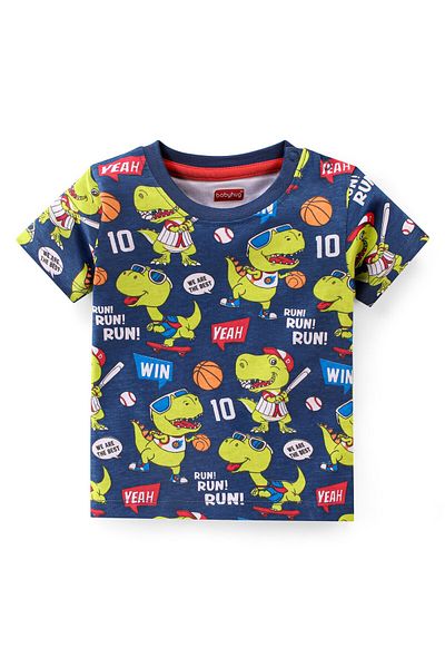 Babyhug 100% Cotton Knit Single Jersey Half Sleeves T-Shirt & Shorts/Co-ord Set Dino Print-Navy Blue